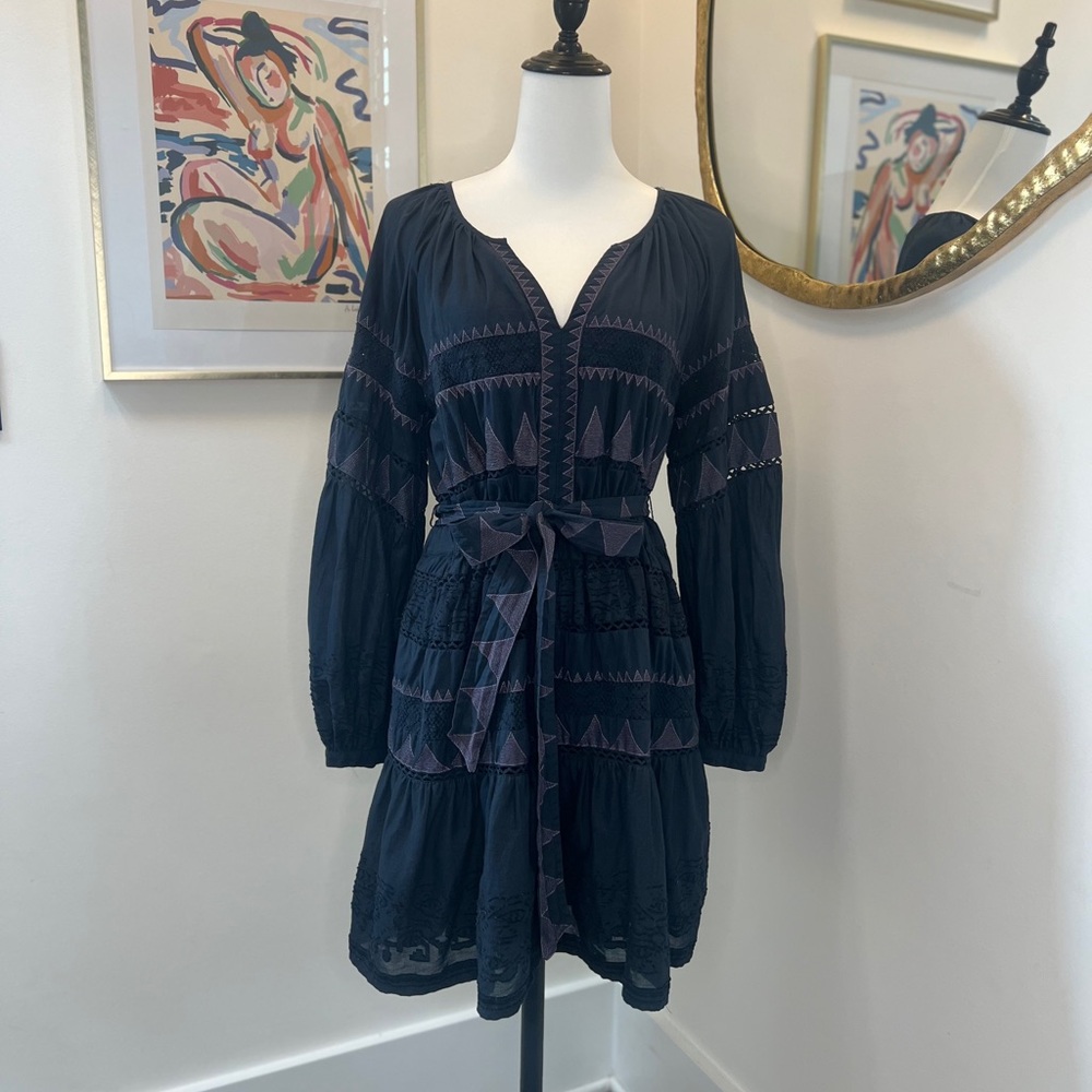 Anthropologie Skye Embroidered Mini Dress with Bishop Sleeves